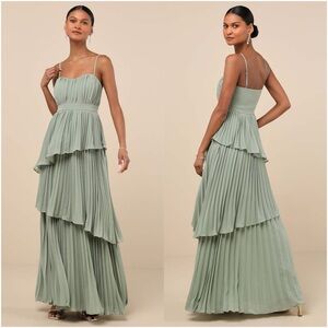 Lulu's Dusty Sage Pleated Tiered Maxi Dress